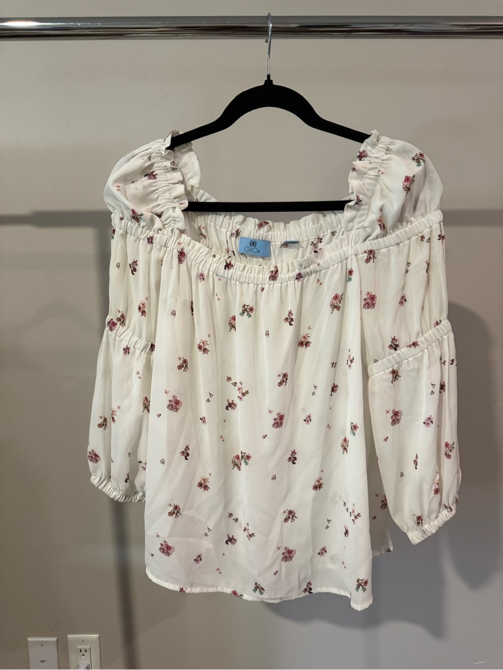 CeCe White Off-Shoulder Blouse with Pink Floral Print